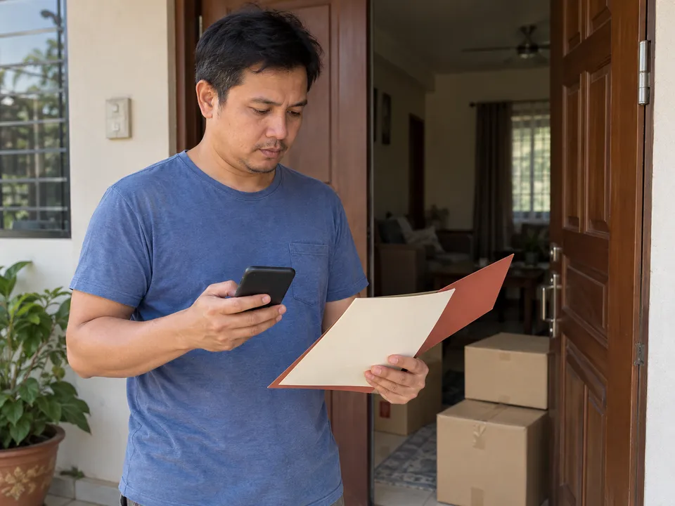Ilustrasi lelaki berbaju biru menyemak folder berkertas kosong dan telefon di pintu rumah biasa dengan kotak tertutup di belakang.