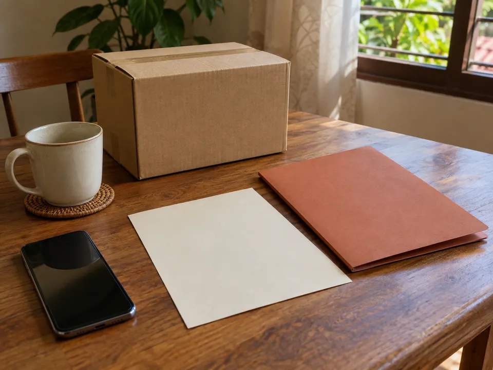 Ilustrasi kertas kosong, folder terracotta, telefon gelap dan kotak tertutup di meja kayu rumah.