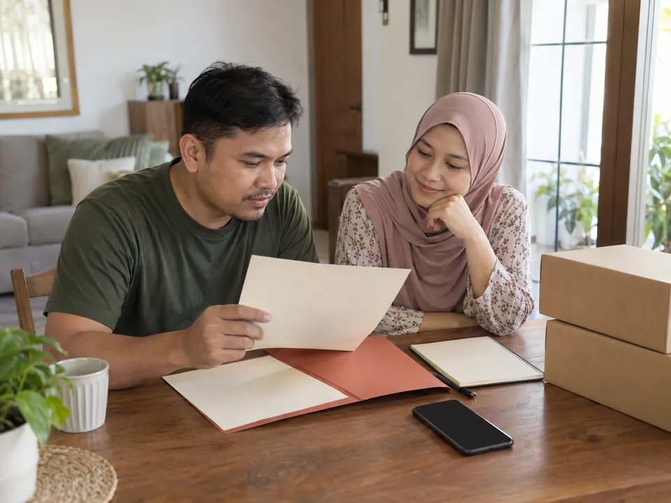 Ilustrasi lelaki berbaju zaitun dan wanita bertudung merah jambu menyemak kertas kosong di meja rumah bersama folder, telefon dan kotak.
