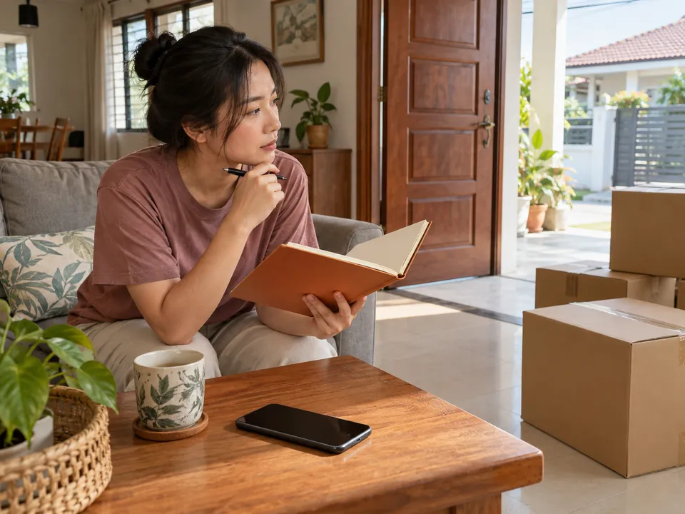 Ilustrasi wanita berbaju terracotta memikirkan soalan dengan buku nota kosong berhampiran pintu rumah dan kotak tertutup.